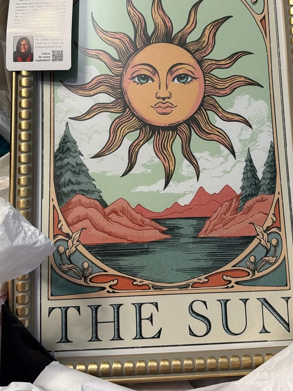 Vintage Tarot Style 'The Sun' Wall Art - Coral & Mint